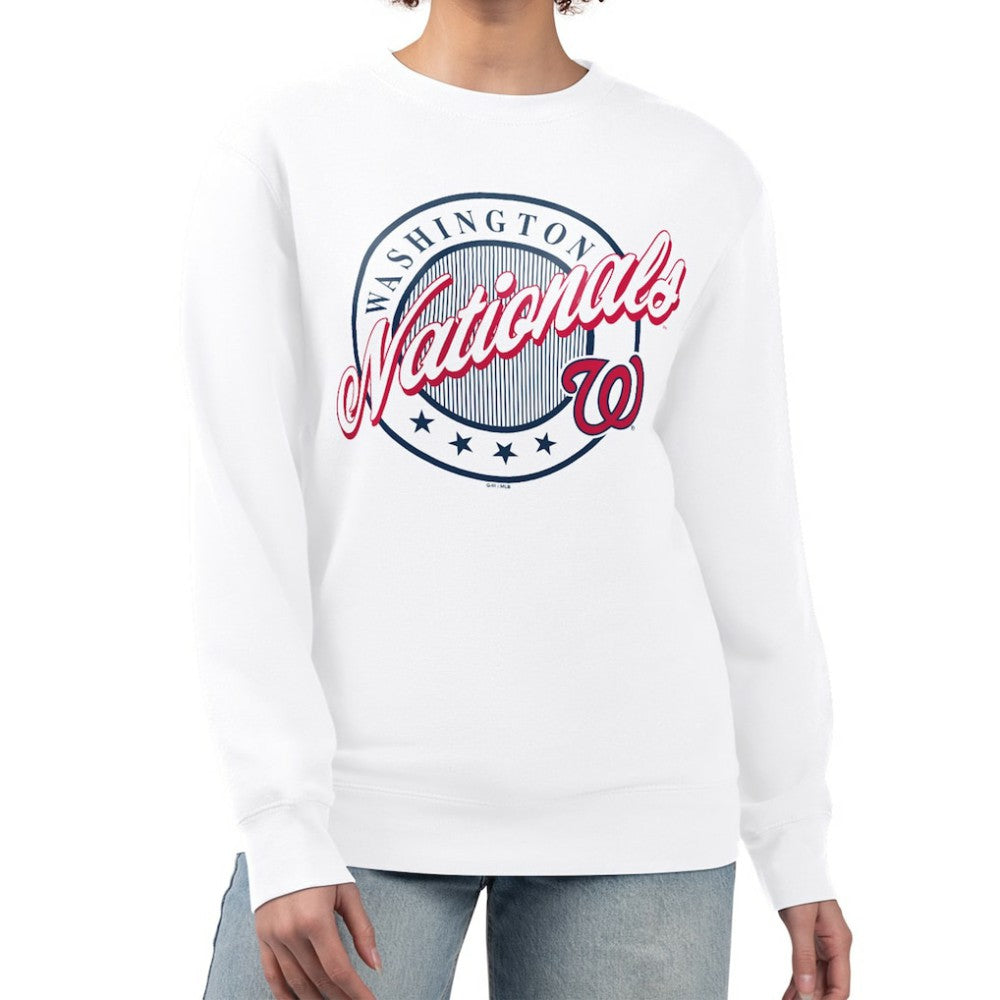 White Washington Nationals G-III 4Her by Carl Banks Women's Pinstripe Circle Team Fleece Pullover Sweatshirt