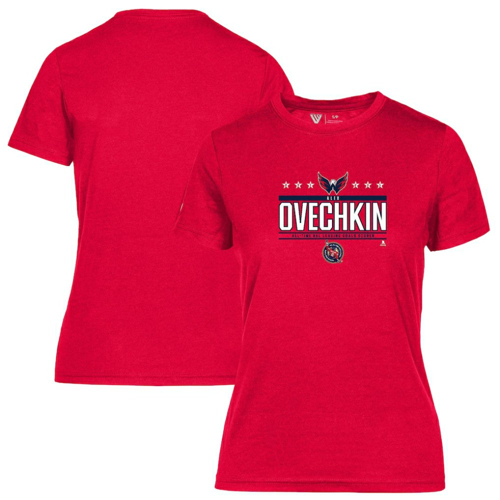 NHL Alexander Ovechkin Washington Capitals Levelwear Women's NHL All-Time Leading Goal Scorer Milestone Stars Name & Number Maddox T-Shirt