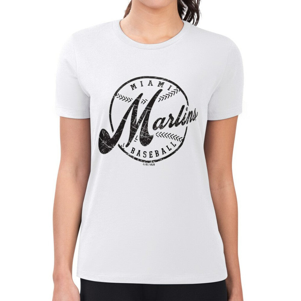 White Miami Marlins G-III 4Her by Carl Banks Women's Super-Slim Fit Lightweight Distressed Baseball Team T-Shirt