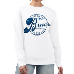 White Atlanta Braves G-III 4Her by Carl Banks Women's Distressed Baseball Team Fleece Pullover Sweatshirt