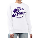 White Colorado Rockies G-III 4Her by Carl Banks Women's Distressed Baseball Team Fleece Pullover Sweatshirt