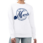 White New York Mets G-III 4Her by Carl Banks Women's Distressed Baseball Team Fleece Pullover Sweatshirt