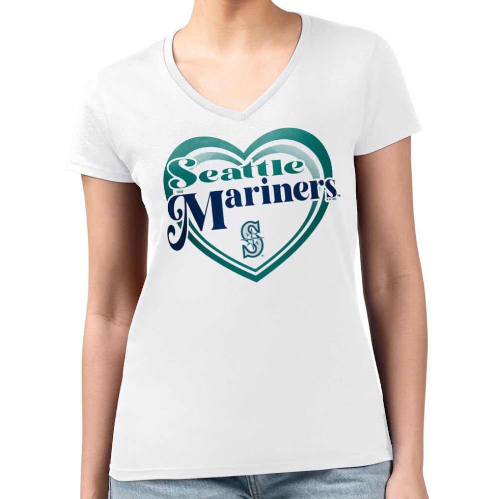 White Seattle Mariners G-III 4Her by Carl Banks Women's Super-Slim Fit Lightweight Double Heart V-Neck T-Shirt