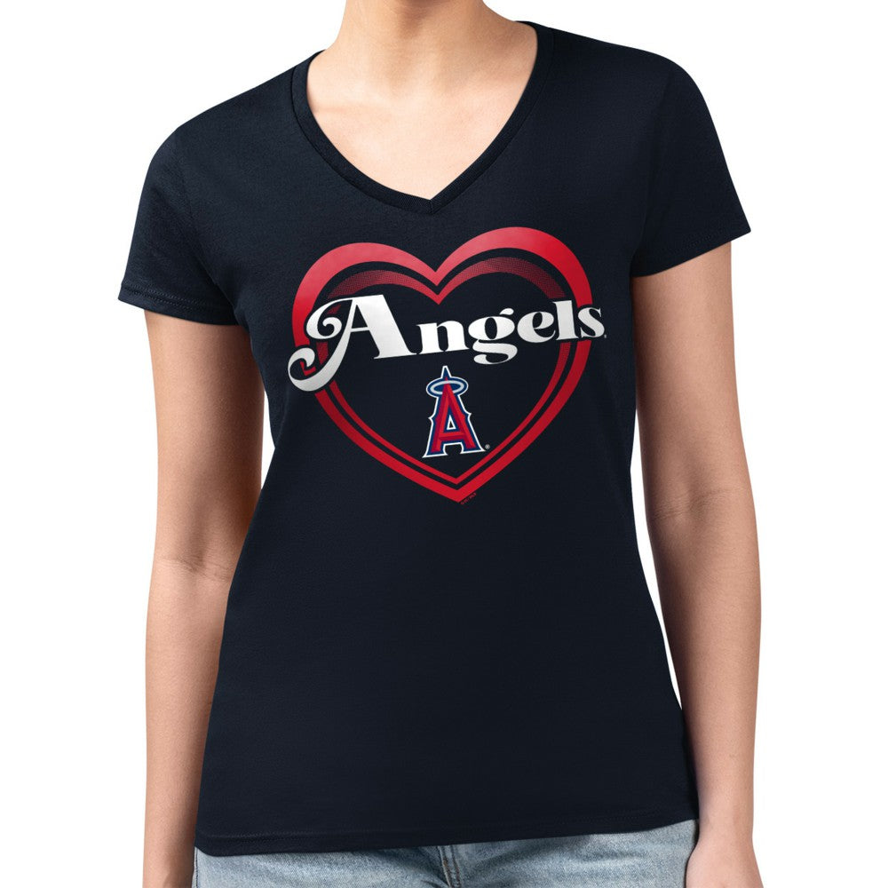 Navy Los Angeles Angels G-III 4Her by Carl Banks Women's Super-Slim Fit Lightweight Double Heart V-Neck T-Shirt