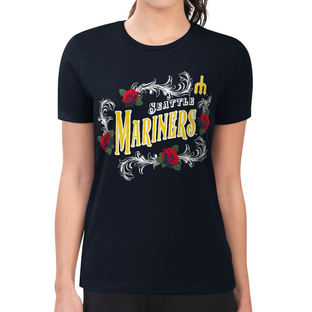 Navy Seattle Mariners G-III 4Her by Carl Banks Women's Super-Slim Fit Lightweight Retro Roses T-Shirt