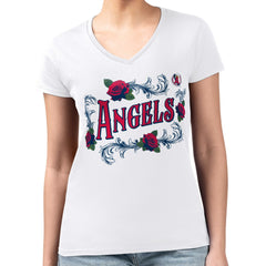 White Los Angeles Angels G-III 4Her by Carl Banks Women's Super-Slim Fit Lightweight Retro Roses V-Neck T-Shirt