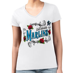 White Miami Marlins G-III 4Her by Carl Banks Women's Super-Slim Fit Lightweight Retro Roses V-Neck T-Shirt