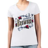 White Milwaukee Brewers G-III 4Her by Carl Banks Women's Super-Slim Fit Lightweight Retro Roses V-Neck T-Shirt