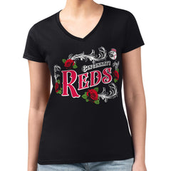 Black Cincinnati Reds G-III 4Her by Carl Banks Women's Super-Slim Fit Lightweight Retro Roses V-Neck T-Shirt