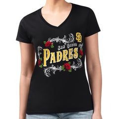 Black San Diego Padres G-III 4Her by Carl Banks Women's Super-Slim Fit Lightweight Retro Roses V-Neck T-Shirt
