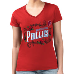 Red Philadelphia Phillies G-III 4Her by Carl Banks Women's Super-Slim Fit Lightweight Retro Roses V-Neck T-Shirt