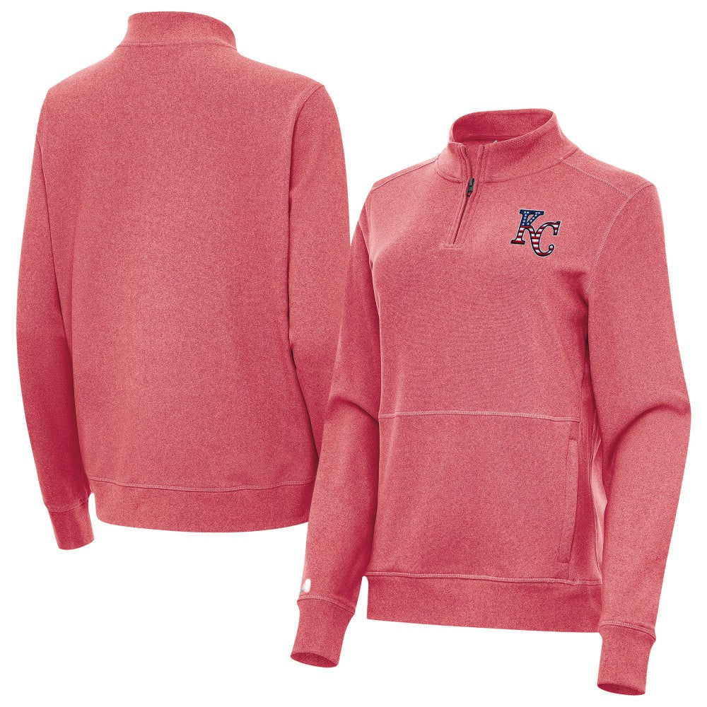 Heather Red Kansas City Royals Antigua Women's Crush Stars and Stripes Team Logo Quarter-Zip Pullover Top