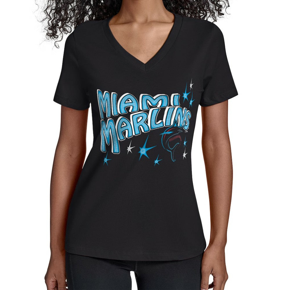 Black Miami Marlins Starter Women's Fireworks V-Neck T-Shirt