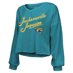 Travis Hunter Majestic Threads Women's Name & Number Off-Shoulder Script Cropped Long Sleeve Relaxed V-Neck T-Shirt - Jacksonville Jaguars T-shirts