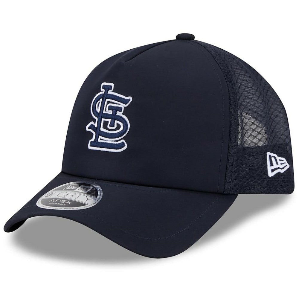 Navy St. Louis Cardinals New Era 2026 Batting Practice Apex 9FORTY Adjustable Trucker Hat
