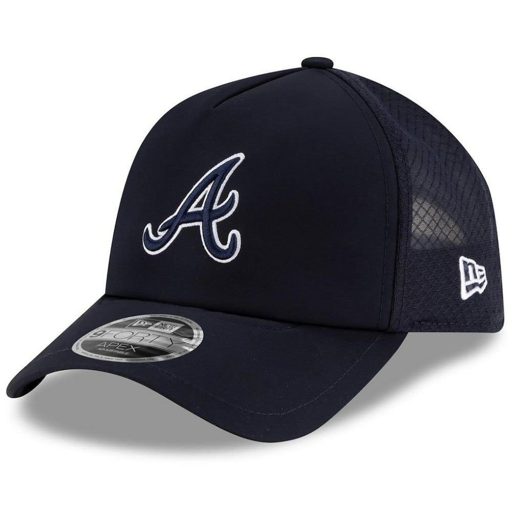 Navy Atlanta Braves New Era 2026 Batting Practice Apex 9FORTY Adjustable Trucker Hat