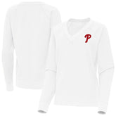 White Philadelphia Phillies Antigua Women's Varsity Tri-Blend V-Neck Long Sleeve T-Shirt