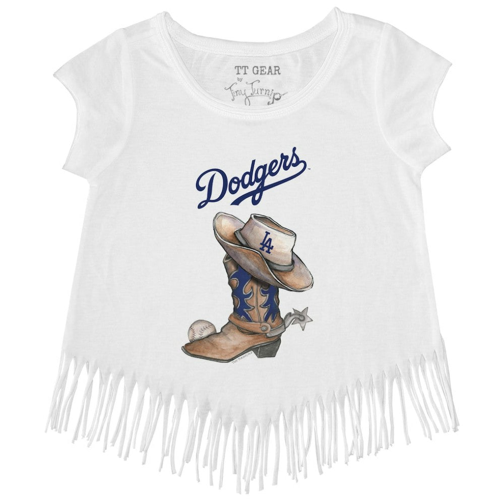 White Los Angeles Dodgers Tiny Turnip Girls Youth Cowboy Boot Fringe T-Shirt