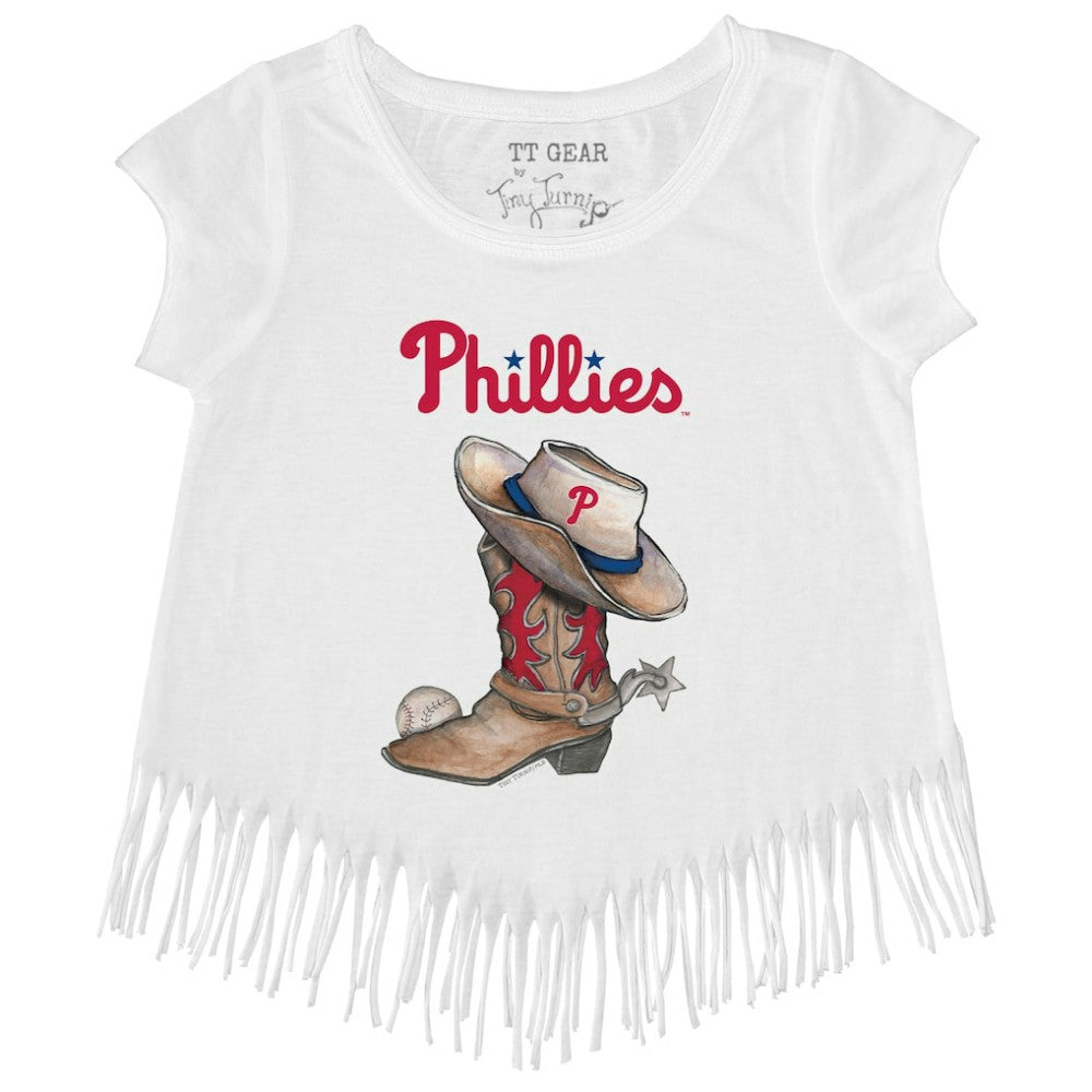 White Philadelphia Phillies Tiny Turnip Girls Youth Cowboy Boot Fringe T-Shirt