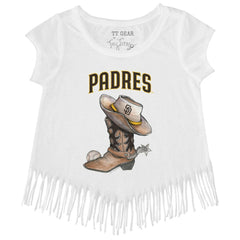 White San Diego Padres Tiny Turnip Girls Youth Cowboy Boot Fringe T-Shirt