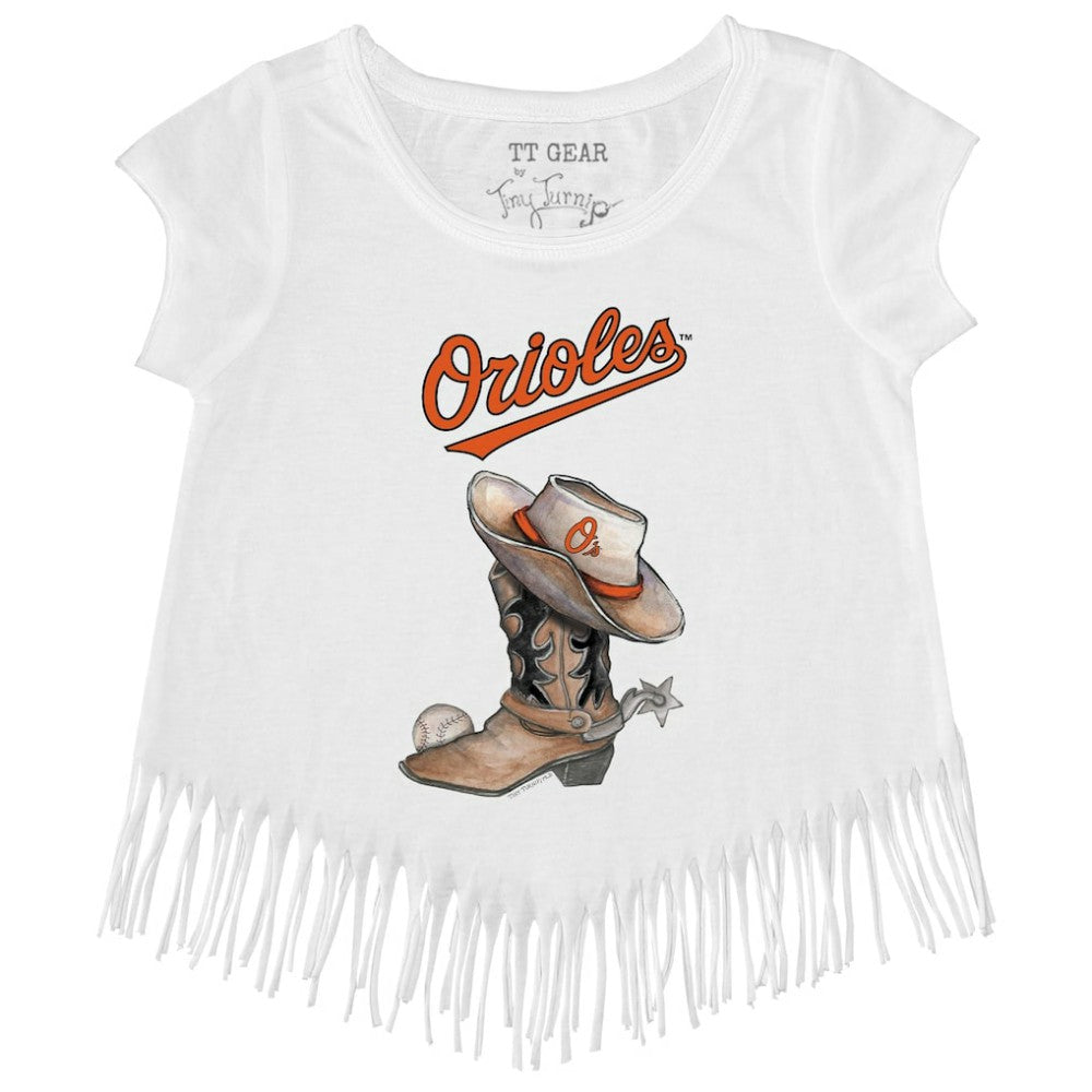 White Baltimore Orioles Tiny Turnip Girls Youth Cowboy Boot Fringe T-Shirt