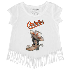 White Baltimore Orioles Tiny Turnip Girls Youth Cowboy Boot Fringe T-Shirt