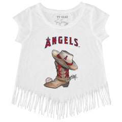 White Los Angeles Angels Tiny Turnip Girls Youth Cowboy Boot Fringe T-Shirt