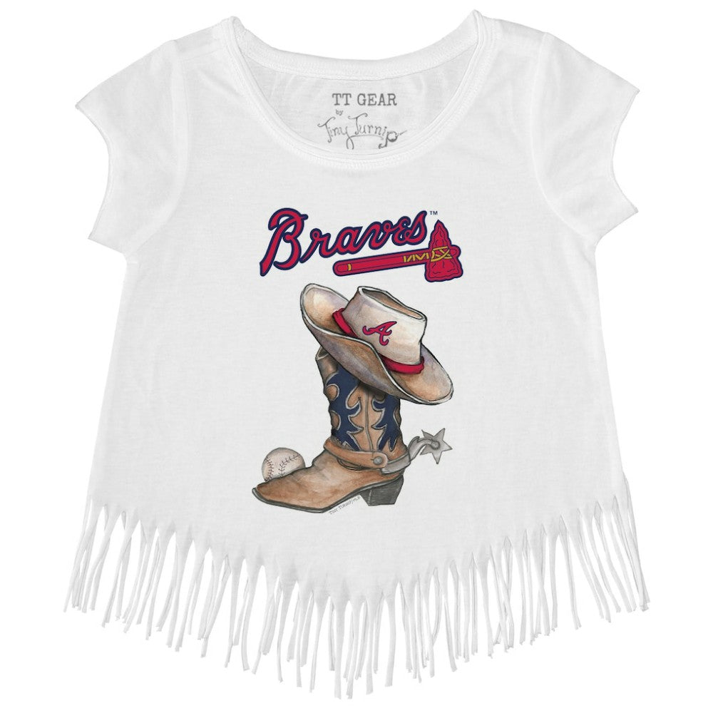 White Atlanta Braves Tiny Turnip Girls Youth Cowboy Boot Fringe T-Shirt