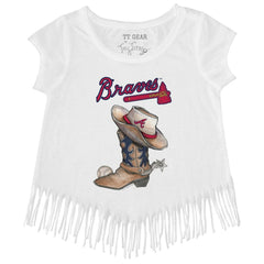 White Atlanta Braves Tiny Turnip Girls Youth Cowboy Boot Fringe T-Shirt