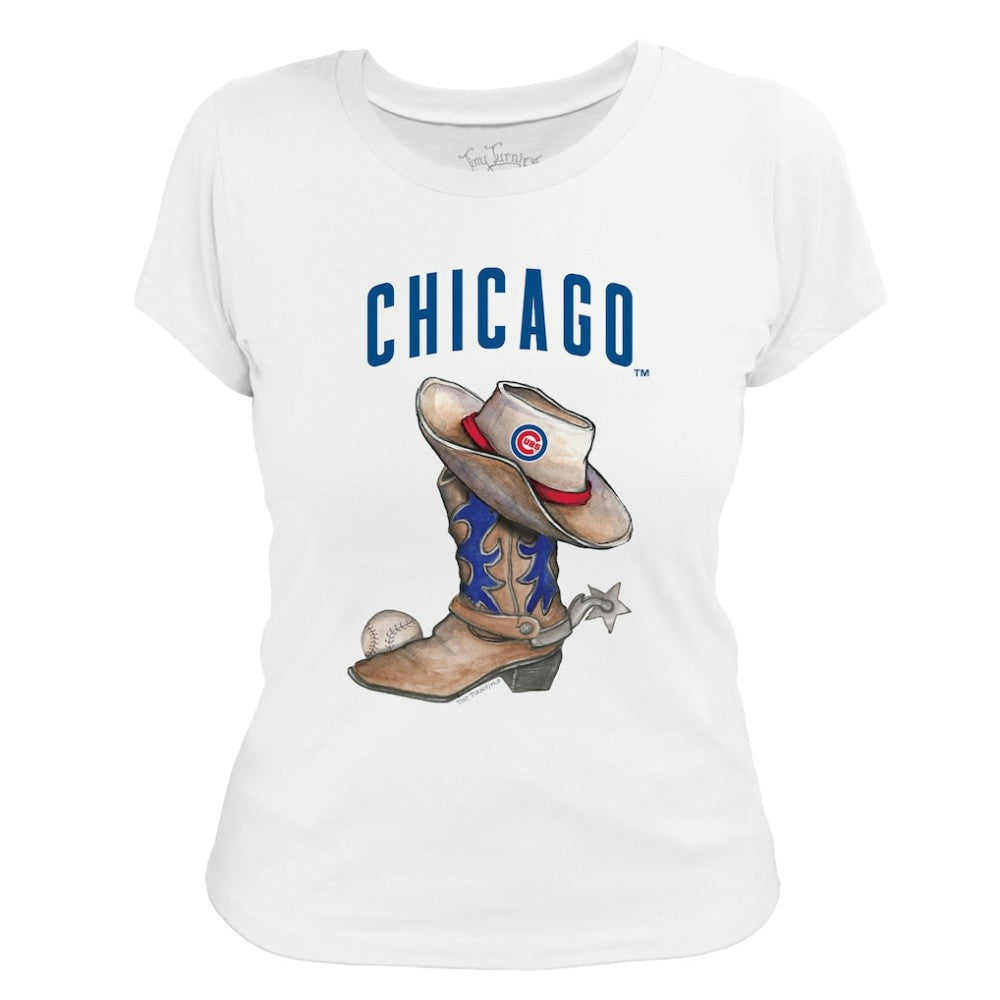 White Chicago Cubs Tiny Turnip Women's Cowboy Boot T-Shirt