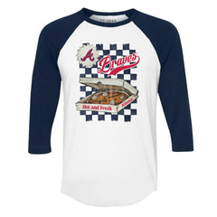 White/Navy Atlanta Braves Tiny Turnip Women's Pizza 3/4-Sleeve Raglan Baseball T-Shirt