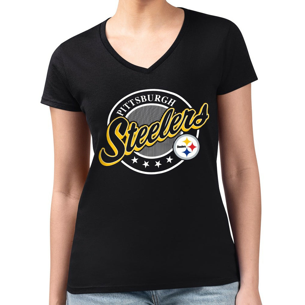 G-III 4Her by Carl Banks Women's Super-Slim Fit Lightweight Pinstripe Circle V-Neck T-Shirt - Pittsburgh Steelers T-shirts