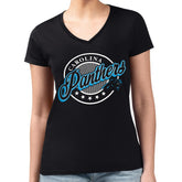 G-III 4Her by Carl Banks Women's Super-Slim Fit Lightweight Pinstripe Circle V-Neck T-Shirt - Carolina Panthers T-shirts