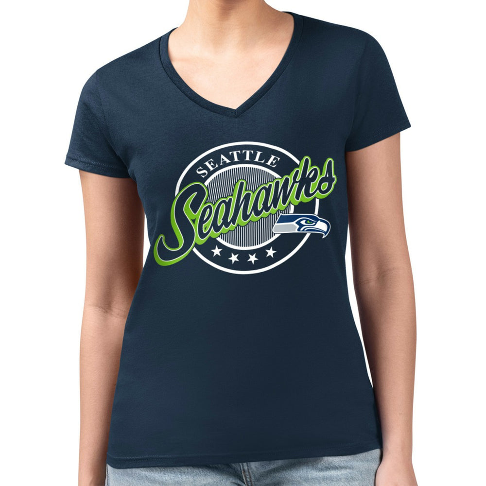 G-III 4Her by Carl Banks Women's Super-Slim Fit Lightweight Pinstripe Circle V-Neck T-Shirt - Seattle Seahawks T-shirts