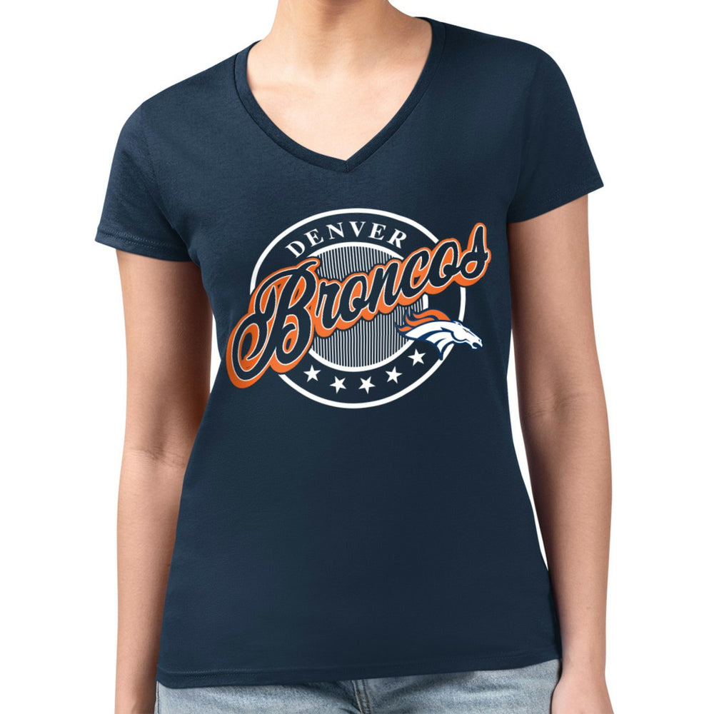 G-III 4Her by Carl Banks Women's Super-Slim Fit Lightweight Pinstripe Circle V-Neck T-Shirt - Denver Broncos T-shirts