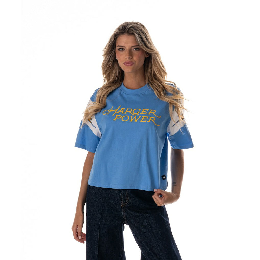 The Wild Collective Women's Charger Power Contrast Sleeve Insert T-Shirt - Los Angeles Chargers T-shirts