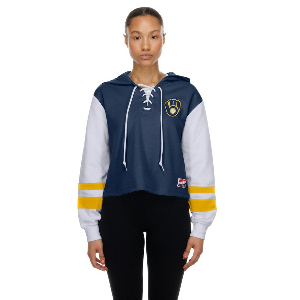 Navy Milwaukee Brewers New Era Women's Boxy Lace-Up Hoodie