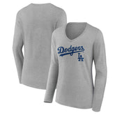 Gray Los Angeles Dodgers Women's Team Lockup Long Sleeve V-Neck T-Shirt