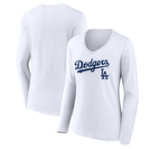 White Los Angeles Dodgers Women's Team Lockup Long Sleeve V-Neck T-Shirt