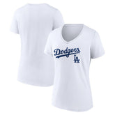 White Los Angeles Dodgers Women's Team Lockup V-Neck T-Shirt