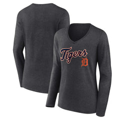 Charcoal Detroit Tigers Women's Team Lockup Long Sleeve V-Neck T-Shirt