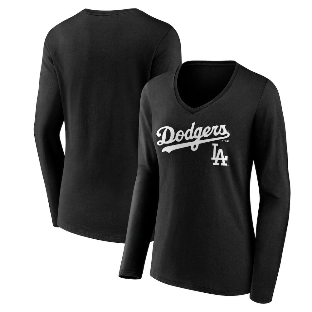 Black Los Angeles Dodgers Women's Team Lockup Long Sleeve V-Neck T-Shirt