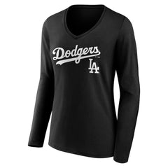 Black Los Angeles Dodgers Women's Team Lockup Long Sleeve V-Neck T-Shirt
