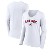 White Boston Red Sox Women's Team Lockup Long Sleeve V-Neck T-Shirt