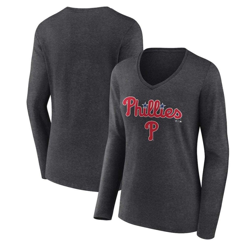 Charcoal Philadelphia Phillies Women's Team Lockup Long Sleeve V-Neck T-Shirt
