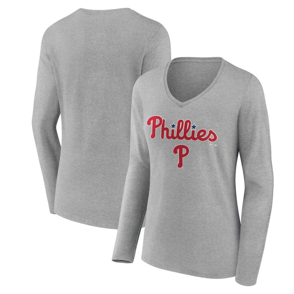 Gray Philadelphia Phillies Women's Team Lockup Long Sleeve V-Neck T-Shirt