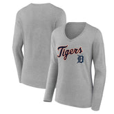 Gray Detroit Tigers Women's Team Lockup Long Sleeve V-Neck T-Shirt