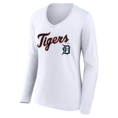 White Detroit Tigers Women's Team Lockup Long Sleeve V-Neck T-Shirt
