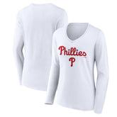 White Philadelphia Phillies Women's Team Lockup Long Sleeve V-Neck T-Shirt