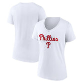 White Philadelphia Phillies Women's Team Lockup V-Neck T-Shirt